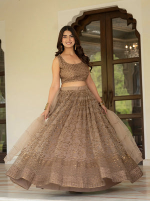 Taupe Net Lehenga with Zari Sequence Embroidery Work for Wedding and Festive Occasions