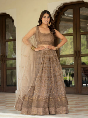 Taupe Net Lehenga with Zari Sequence Embroidery Work for Wedding and Festive Occasions