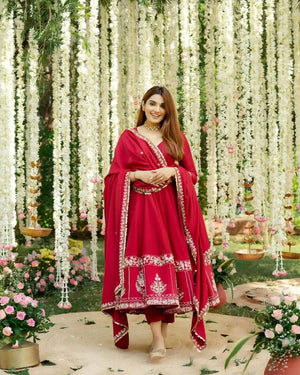 Red Roman Silk Embroidered Anarkali Gown Set with Dupatta