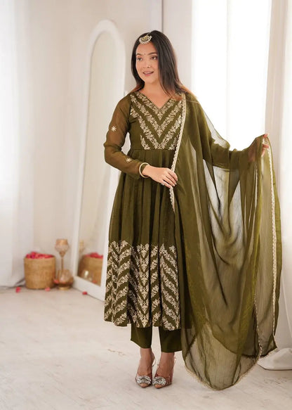 Chevron Sequin Crinkle Silk Anarkali