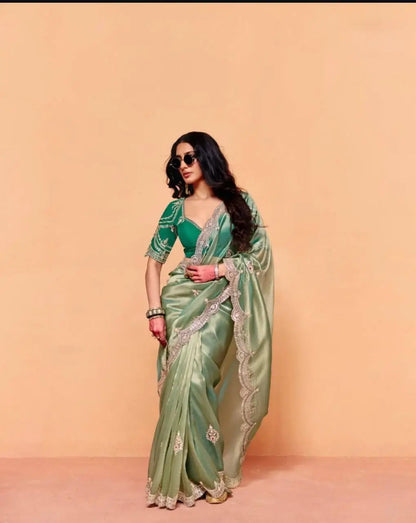 Sage Sequin Embroidered Chiffon Saree