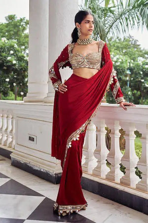 Designer Red Ready-to-Wear Mirror Work Saree with Unstitched Blouse