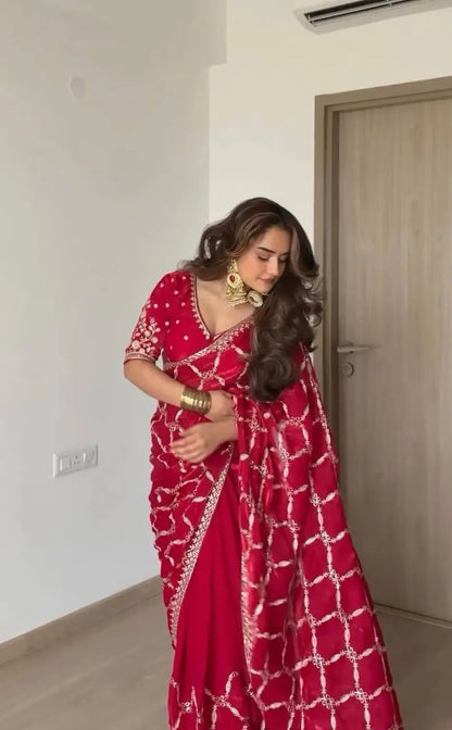 Red Zari Jaal Saree