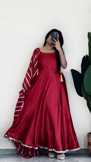 Premium Japan Silk Flared Gown Set with Digital Dupatta for Festive and Party Wear