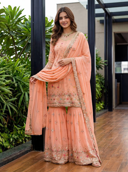 Embroidered Faux Georgette Kurti Sharara Set