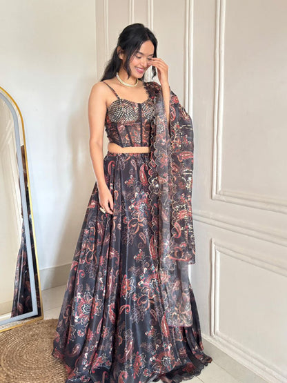 Black Paisley Organza Corset Lehenga