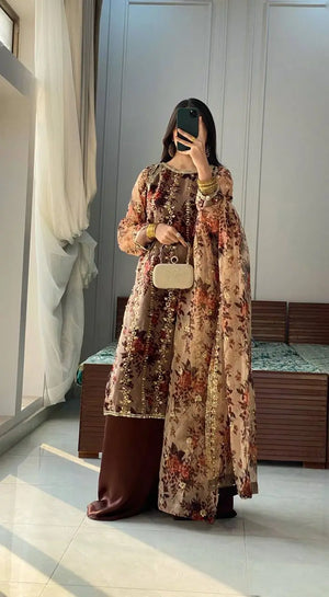 Embroidered Faux Georgette Digital Print Suit Set with Dupatta