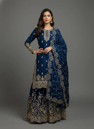Embroidered Gmy Silk Kurta Palazzo Set with Dupatta
