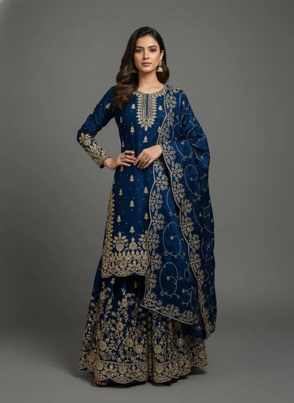 Embroidered Gmy Silk Kurta Palazzo Set with Dupatta