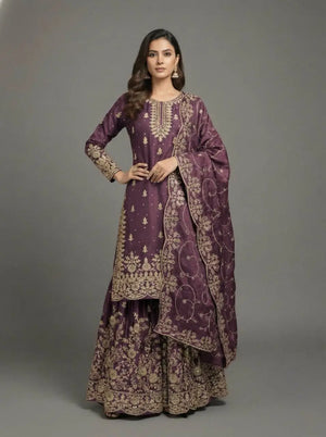 Embroidered Gmy Silk Kurta Palazzo Set with Dupatta