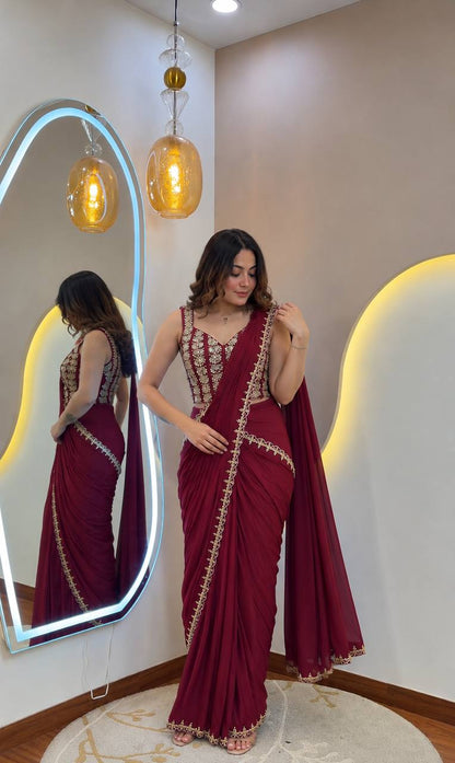 Foil Embroidered Drape Saree Set