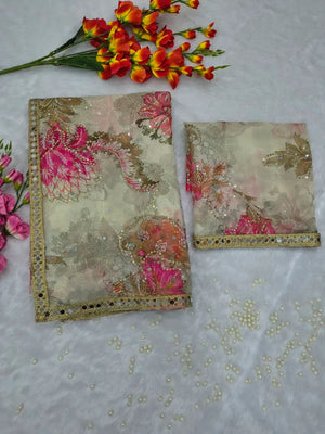 Premium Tabby Silk Floral Printed Saree with Real Mirror Handwork