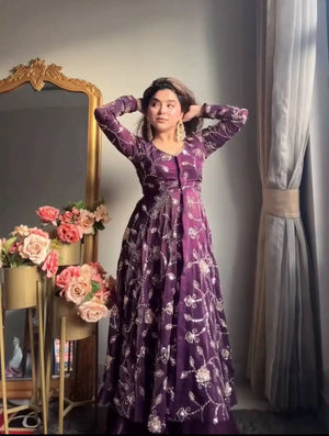 Embroidered Fandy Silk Kurti Sharara Set