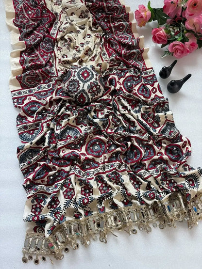 Ajrakh Print Mirror Work Saree