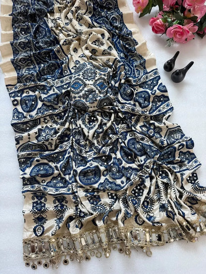 Ajrakh Print Mirror Work Saree