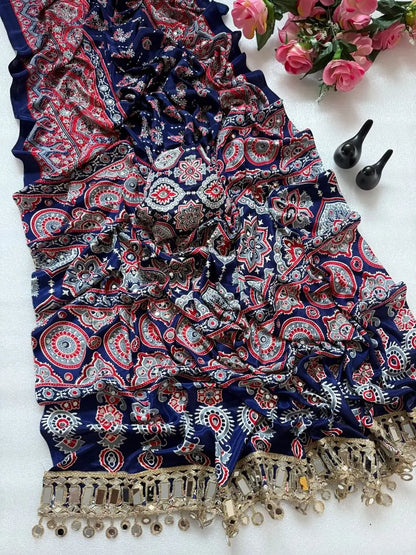Ajrakh Print Mirror Work Saree