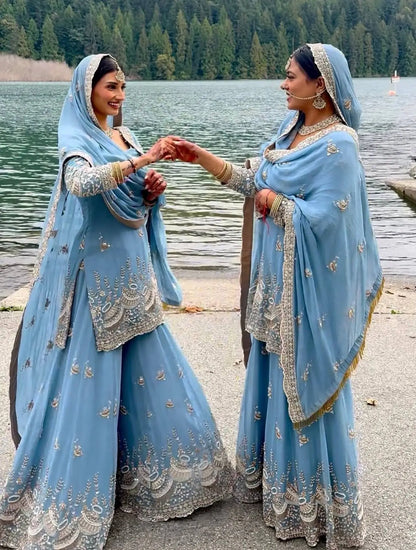 Powder Blue Beads Embroidered Suit