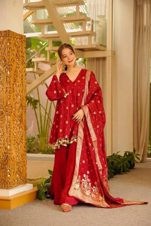 Crimson Zari Peplum Suit