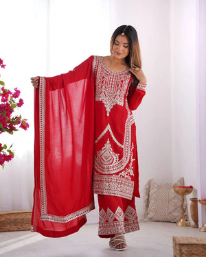 Pure Vichitra Silk Embroidered Suit Set with Dori Work Dupatta
