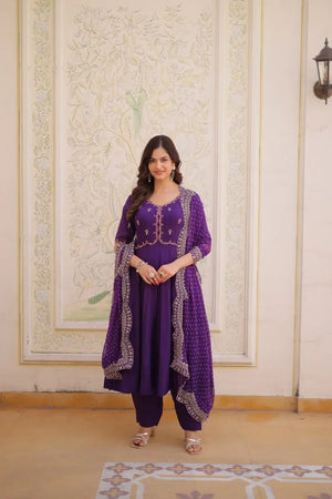 Rani Pink & Royal Purple Mul Chanderi Kali Kurti Set with Sequins Zari Embroidered Dupatta