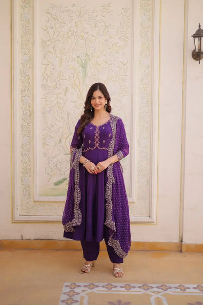 Rani Pink & Royal Purple Mul Chanderi Kali Kurti Set with Sequins Zari Embroidered Dupatta