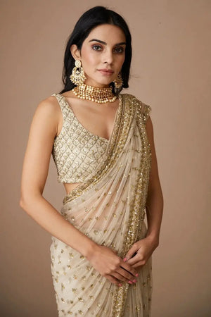 Champagne Gold Butterfly Net Saree with Sequins Dori Embroidery & Mono Benglory Blouse