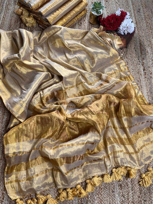 Beige Zari Tissue Linen Saree