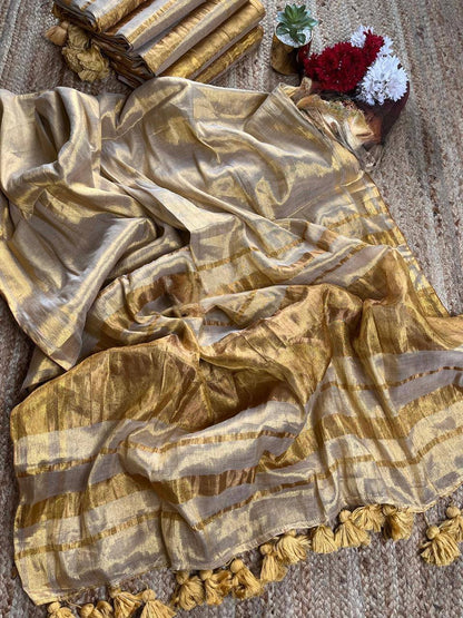 Beige Zari Tissue Linen Saree