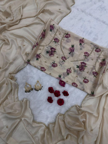 Cream Rangoli Silk Saree with Pearl Work