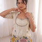 Ivory Cream Tissue Shimmer Silk Co-Ord Set with Real Mirror Work & Multicolor Floral Embroidery
