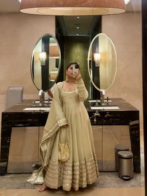 Sequin Border Designer Flared Anarkali Suit in silk fabric