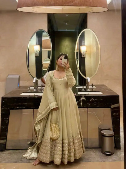 Sequin Border Designer Flared Anarkali Suit in silk fabric