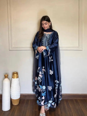 Navy Floral Threadwork Kaftan