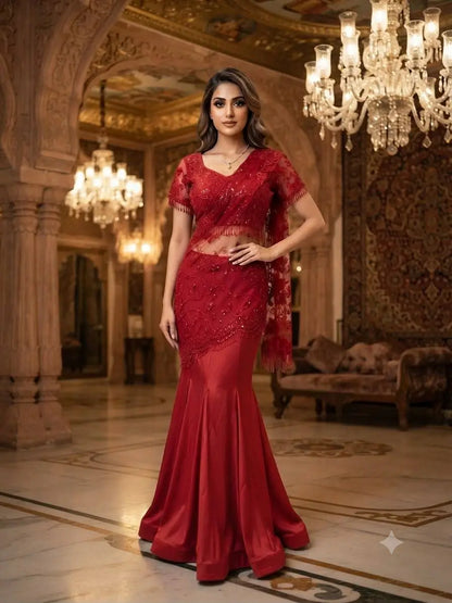 Red Beaded Lace Ready To Wear Saree