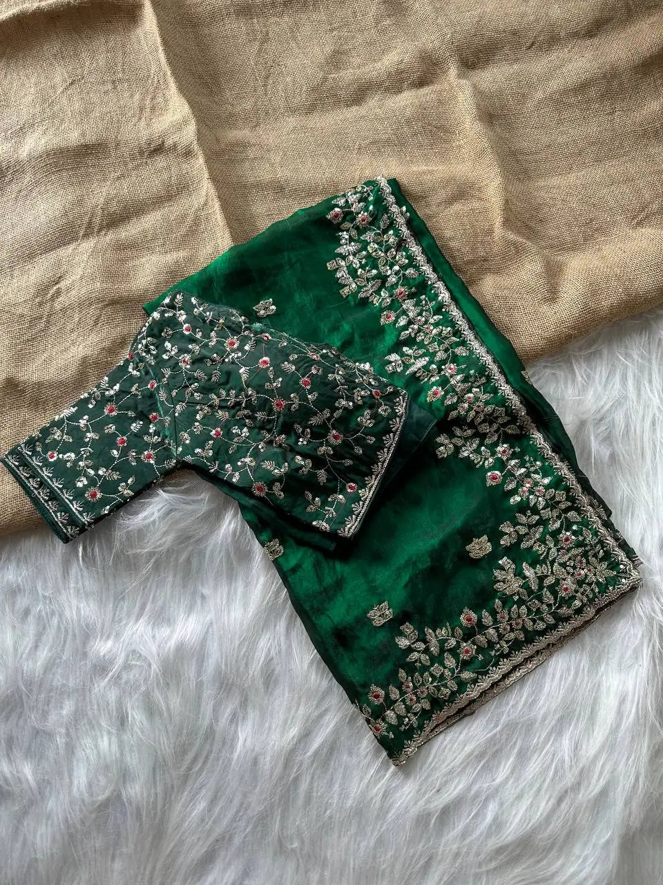 Manyata Pure Fandy Satin Silk Saree with Sequins Embroidery & Fully Stitched Work Blouse