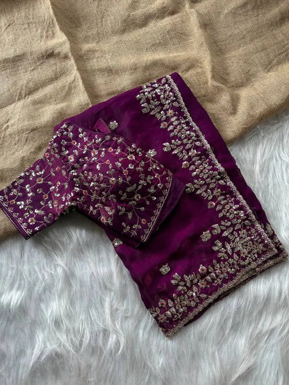 Manyata Pure Fandy Satin Silk Saree with Sequins Embroidery & Fully Stitched Work Blouse