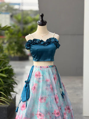 Aqua Floral Lehenga with Satin Blouse