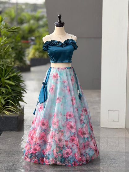 Aqua Floral Lehenga with Satin Blouse