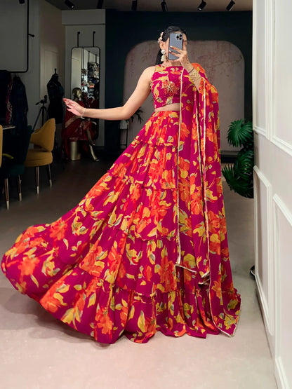 Floral Printed Marble Lehenga Set with Dupatta