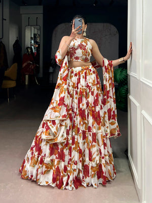 Floral Printed Marble Lehenga Set with Dupatta