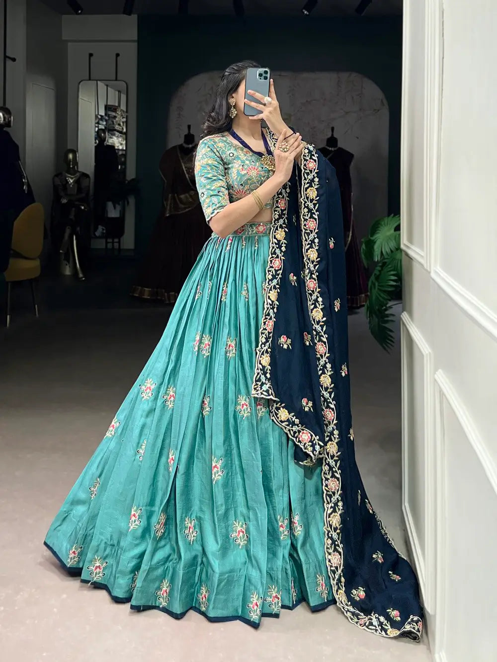 Slab Silk Embroidered Lehenga Set with Chiffon Dupatta