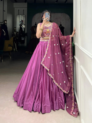 Silk Crepe Embroidered Lehenga Set with Organza Dupatta