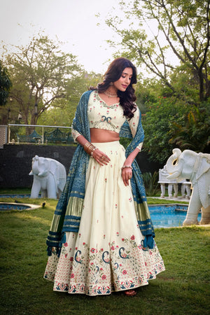Khadi Cotton Embroidered Lehenga Set with Gaji Silk Dupatta