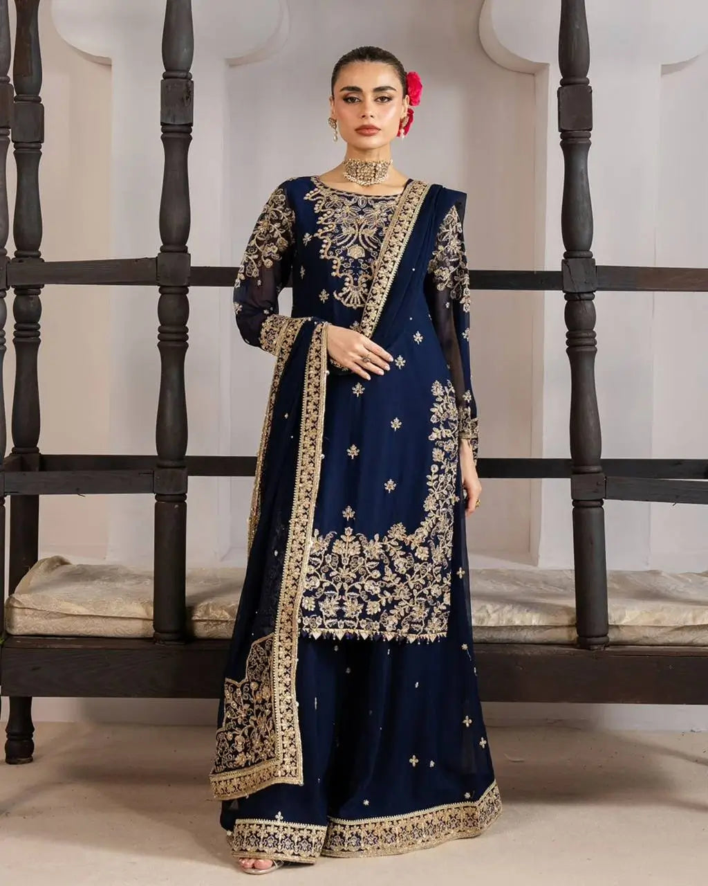 Navy Blue GMY Silk Heavy Embroidered Palazzo Set