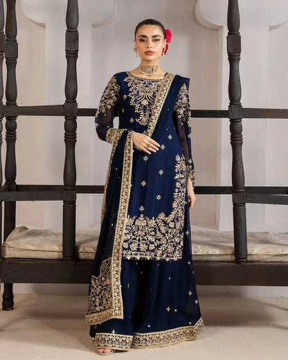 Navy Blue GMY Silk Heavy Embroidered Palazzo Set