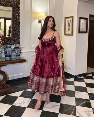 Maroon Vichitra Silk Embroidered Anarkali Gown Set with Dupatta