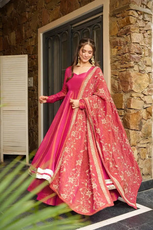 Embroidered Roman Simmer Silk Anarkali Suit Set with Dupatta