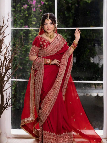 Crimson Bridal Sequin Saree With Dupatta