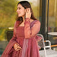 Salmon Pink Organza Foil Work Anarkali Gown Set with Dupatta