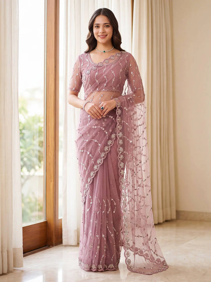 Sequin Vine Embroidered Net Saree